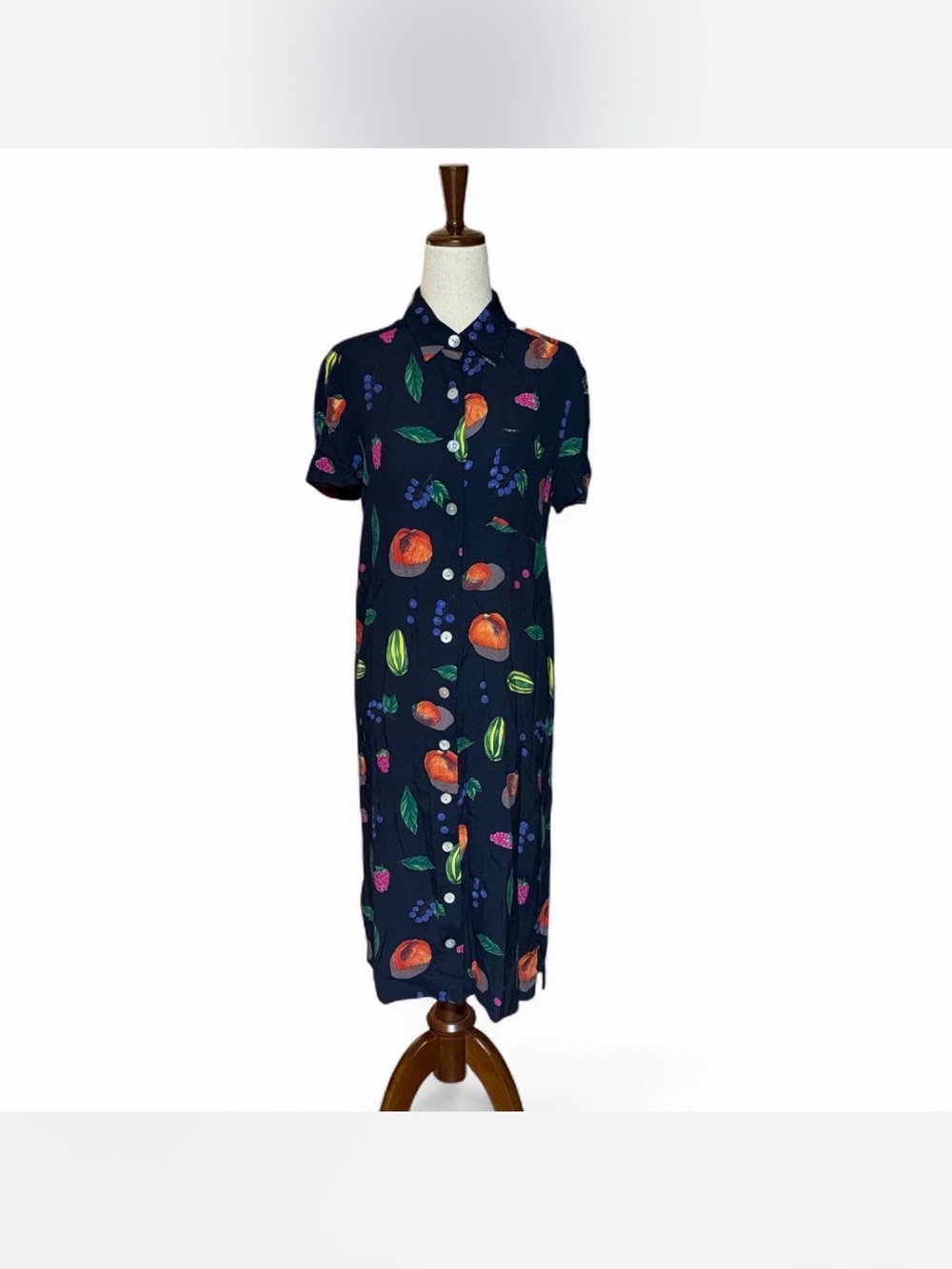 Talbots Navy Fruit-Print Midi Shirt Dress